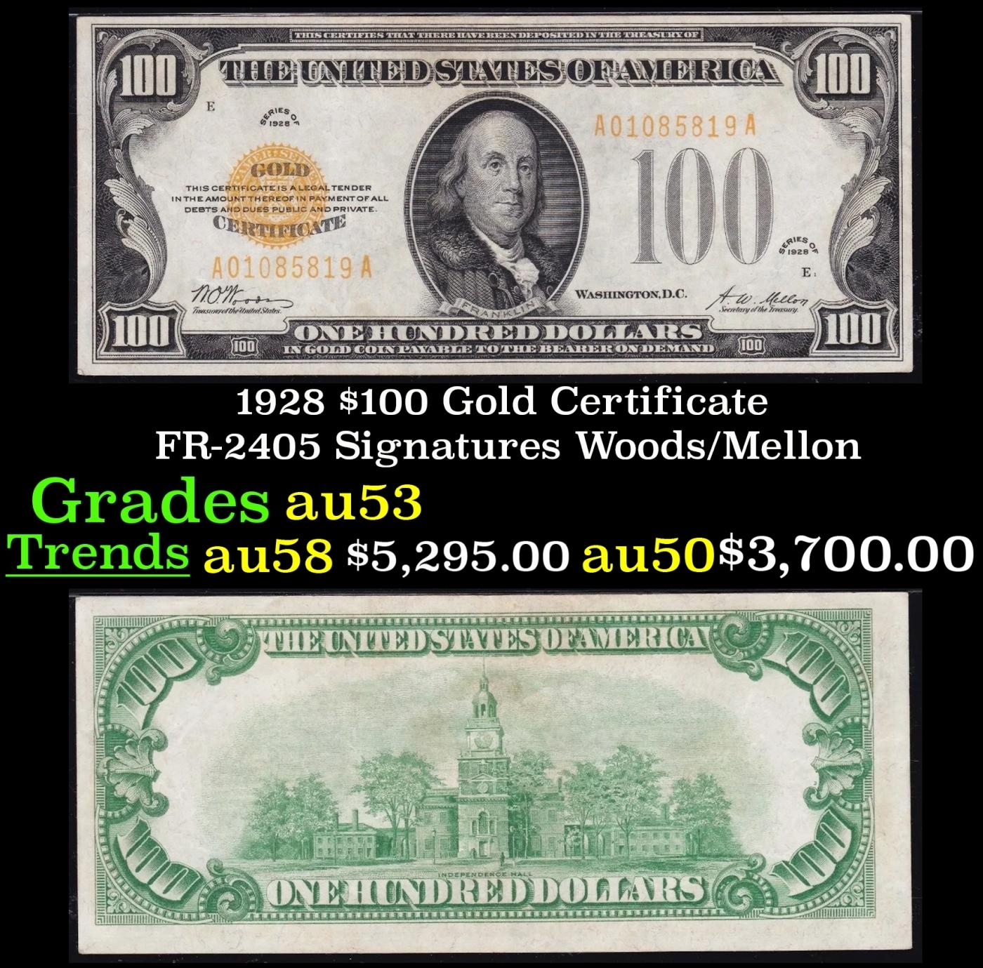 1928 $100 Gold Certificate FR-2405 Signatures Woods/Mellon Grades Select AU