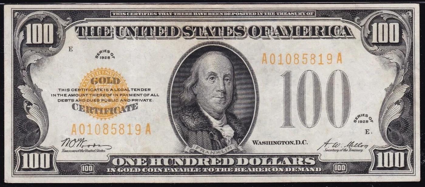 1928 $100 Gold Certificate FR-2405 Signatures Woods/Mellon Grades Select AU
