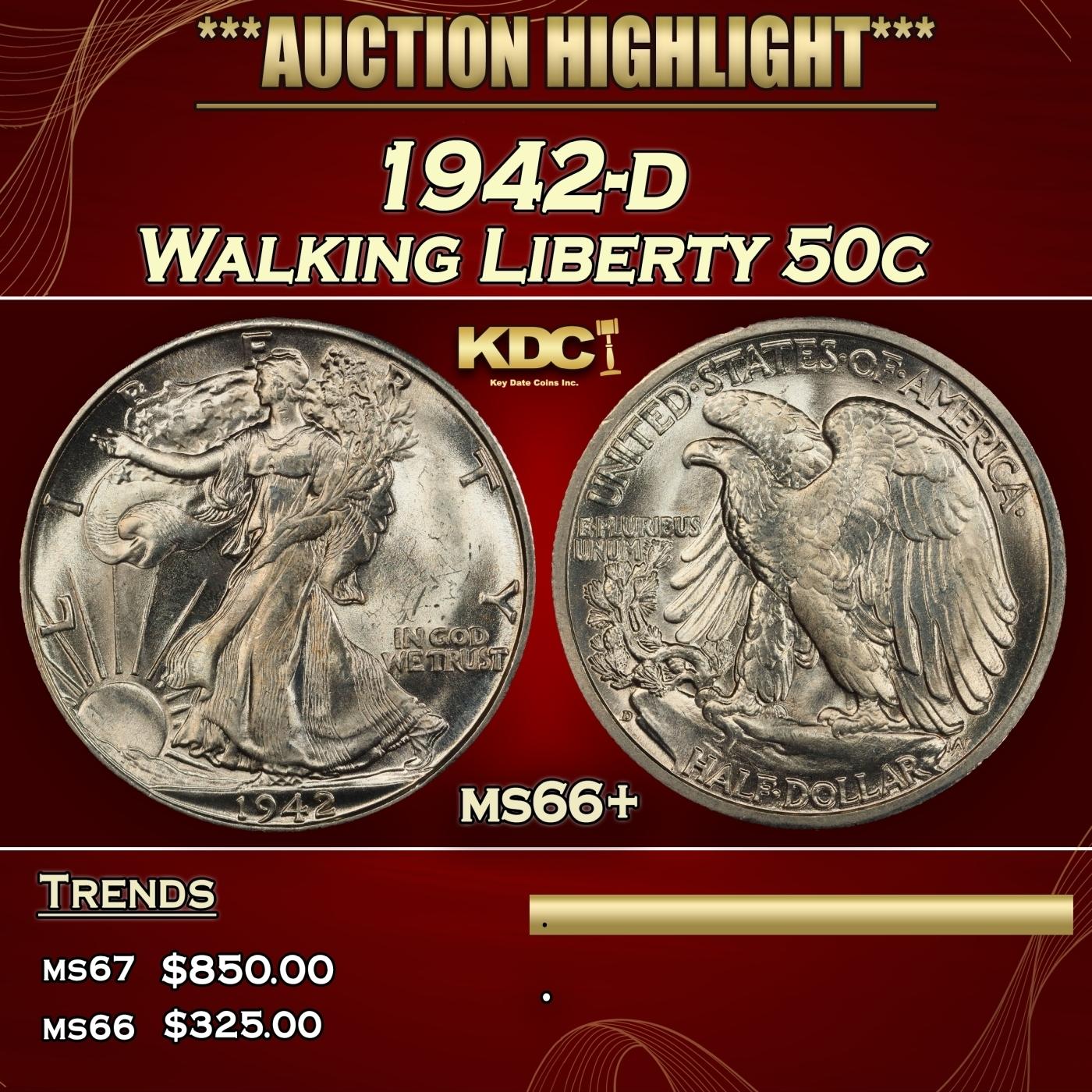 1942-d Walking Liberty Half Dollar 50c ms66+ SEGS