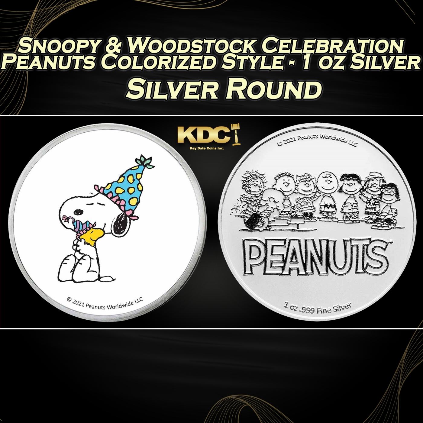 Snoopy & Woodstock Celebration Peanuts Colorized Style - 1 oz Silver Round Round