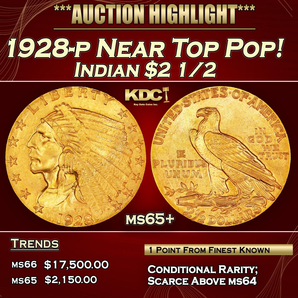 1928-p Gold Indian Quarter Eagle Near Top Pop! $2 1/2 ms65+ SEGS