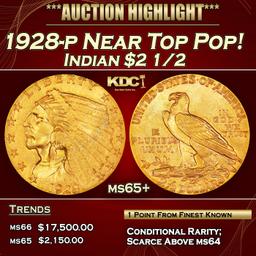 1928-p Gold Indian Quarter Eagle Near Top Pop! $2 1/2 ms65+ SEGS