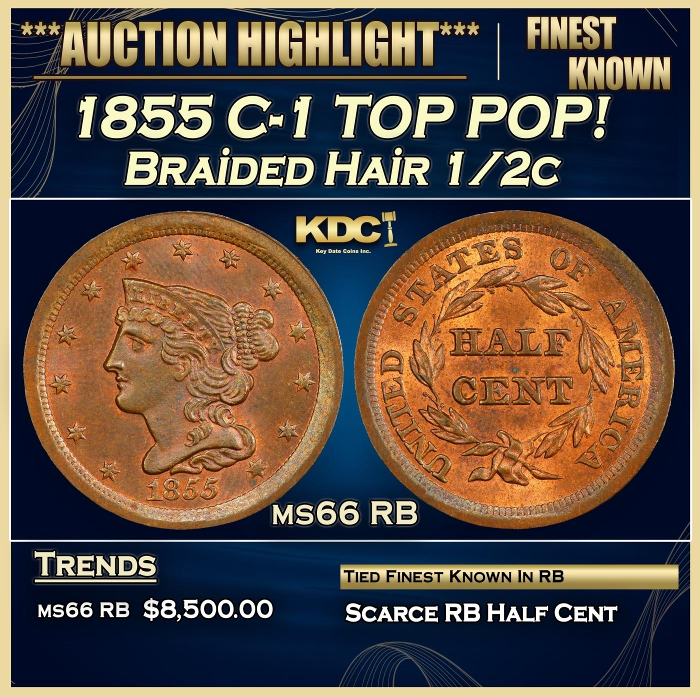 1855 Braided Hair Half Cent C-1 TOP POP! 1/2c ms66 RB SEGS