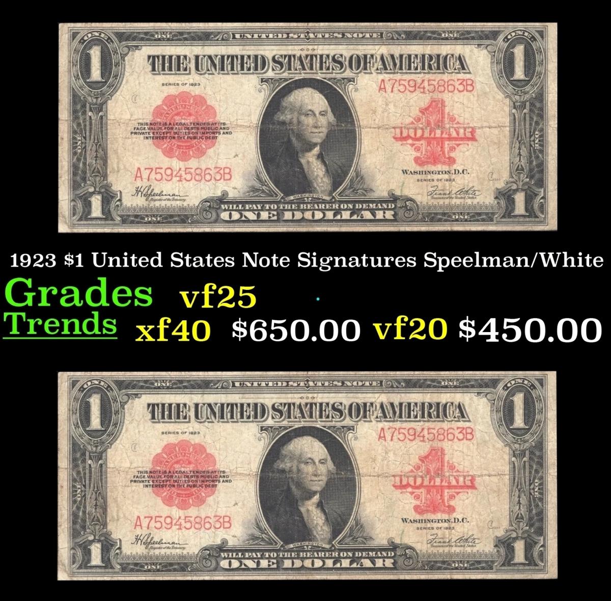 1923 $1 United States Note Grades vf+ Signatures Speelman/White