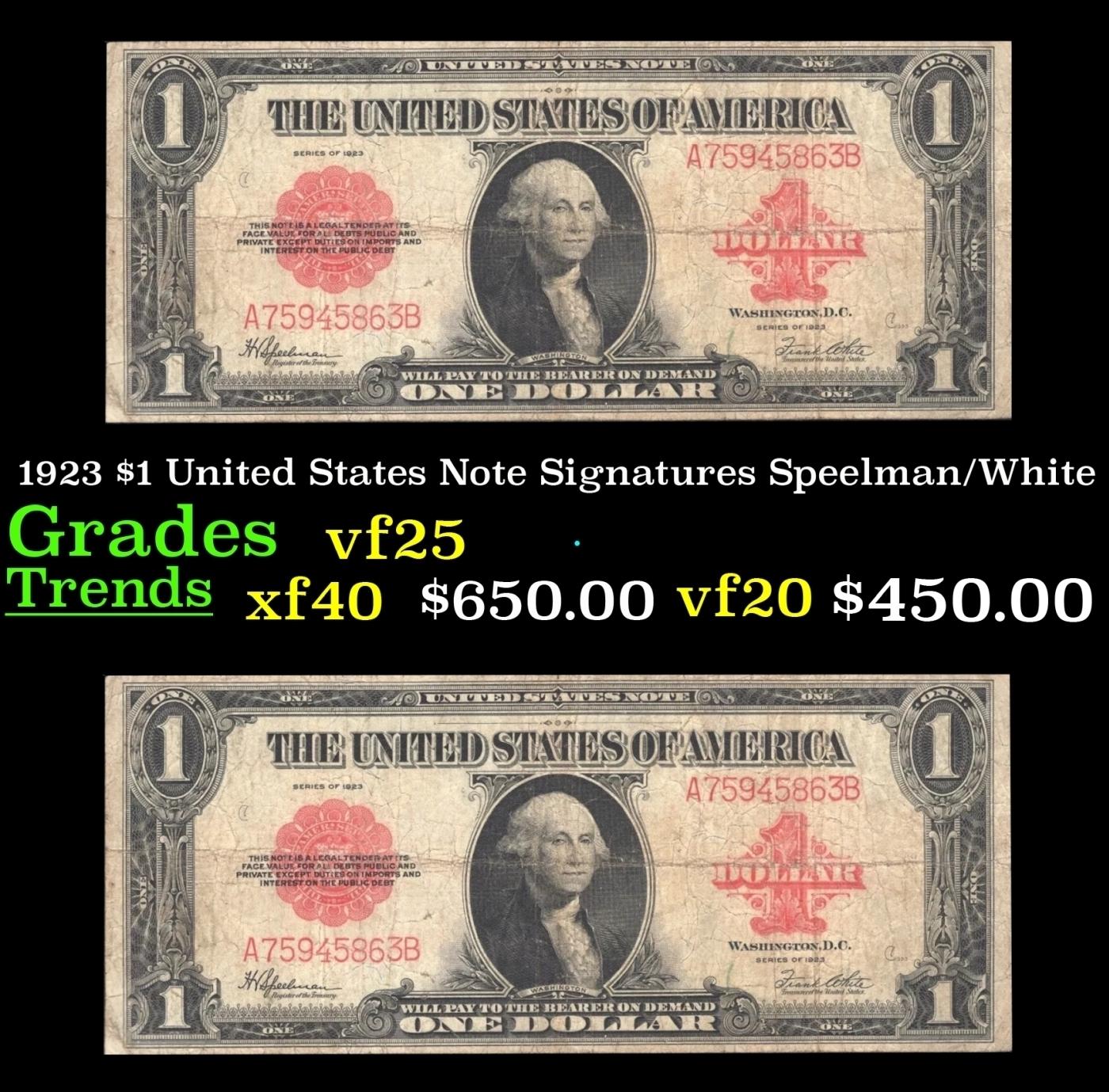 1923 $1 United States Note Grades vf+ Signatures Speelman/White