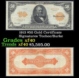 1913 $50 Gold Certificate Grades xf Signatures Teehee/Burke