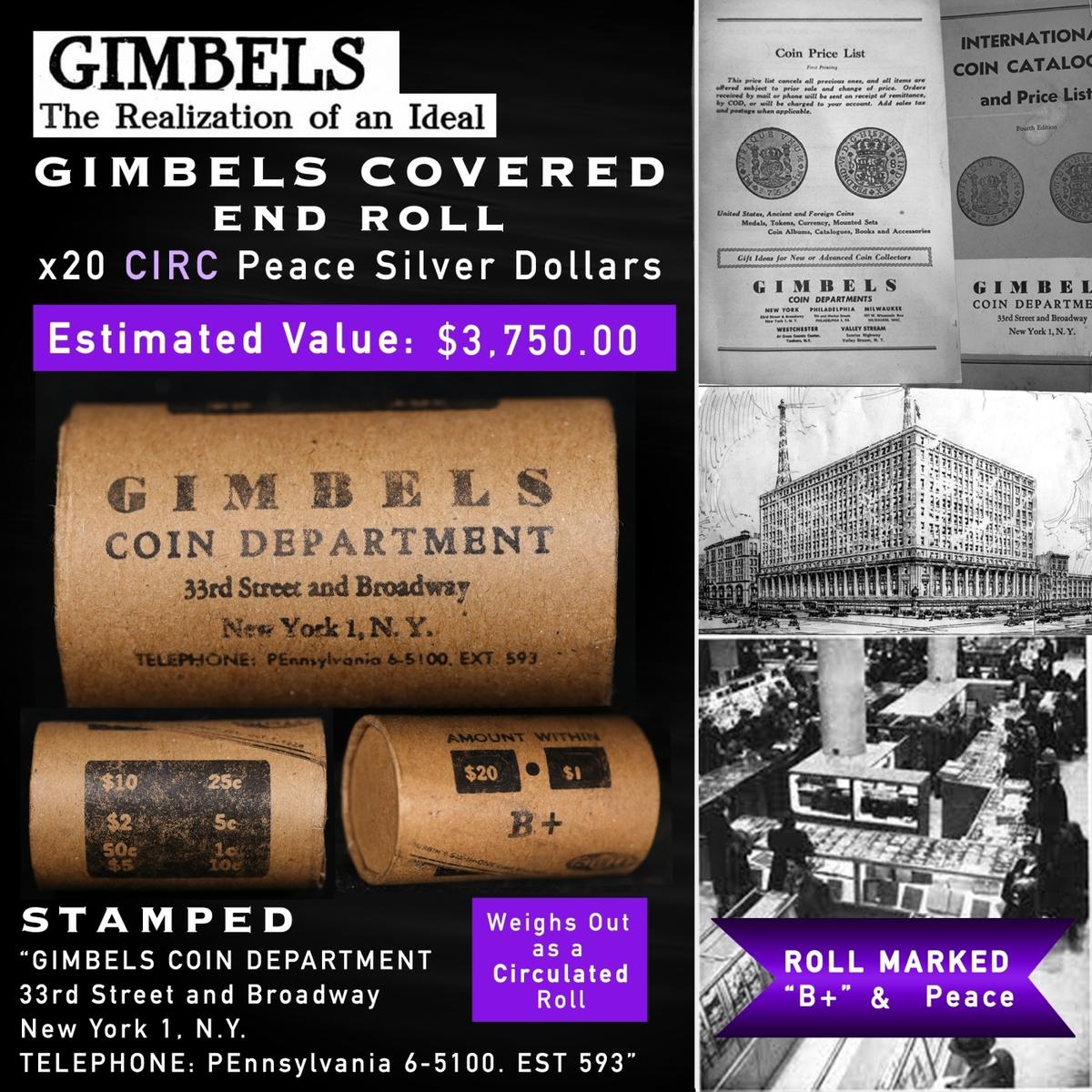 DS- 20 Coin GIMBLES Roll Circ Peace Dollar B+
