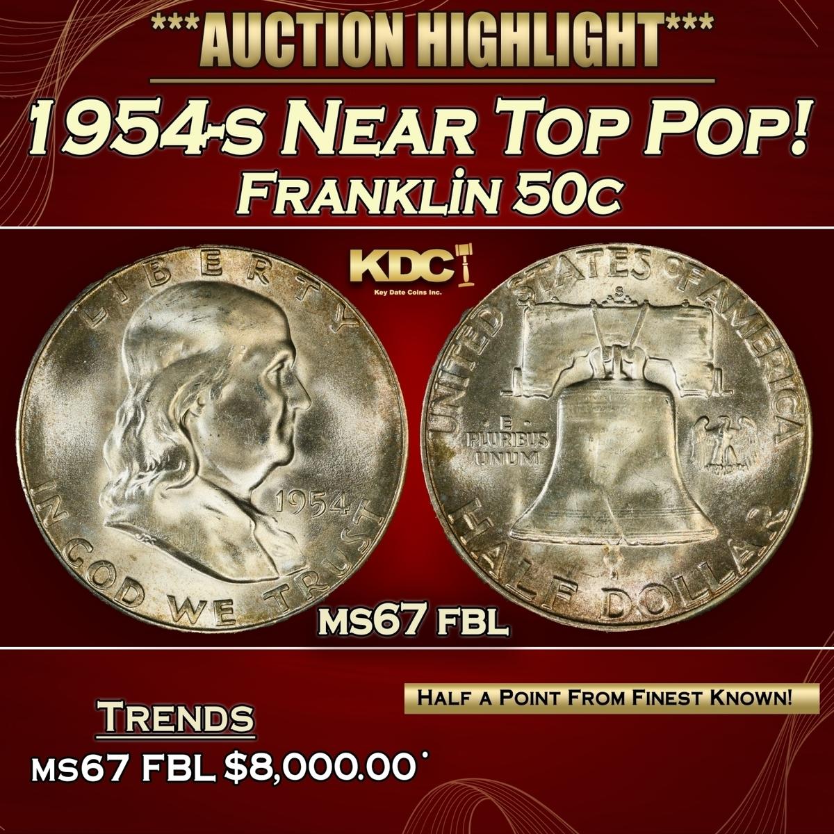 1954-s Franklin Half Dollar Near Top Pop! 50c ms67 fbl SEGS