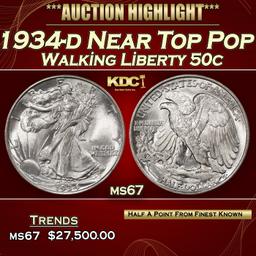 1934-d Walking Liberty Half Dollar Near Top Pop 50c ms67 SEGS