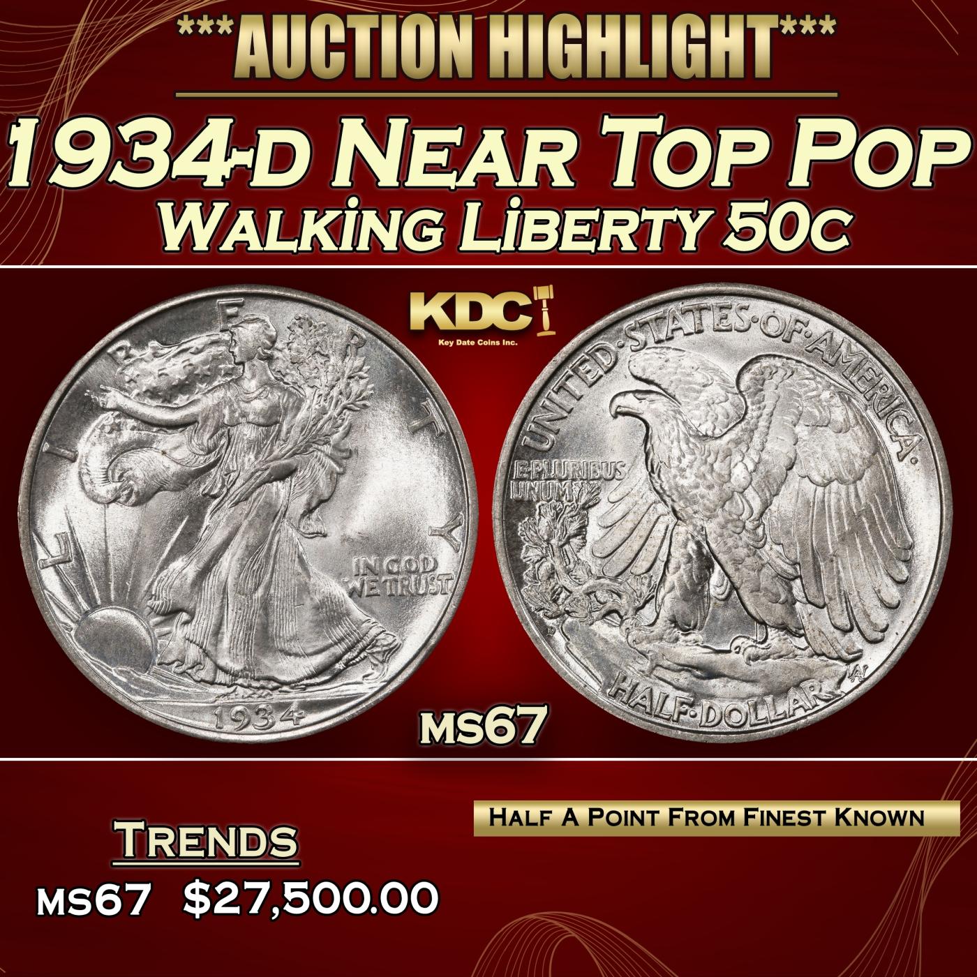 1934-d Walking Liberty Half Dollar Near Top Pop 50c ms67 SEGS
