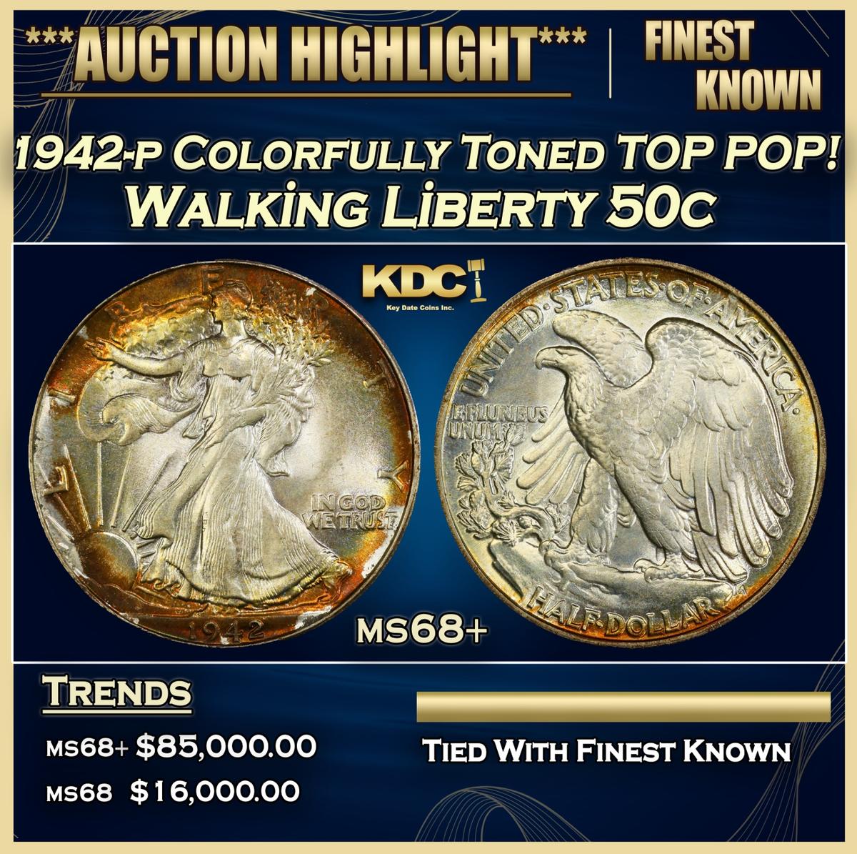 1942-p Walking Liberty Half Dollar Colorfully Toned TOP POP! 50c ms68+ SEGS
