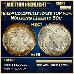 1942-p Walking Liberty Half Dollar Colorfully Toned TOP POP! 50c ms68+ SEGS