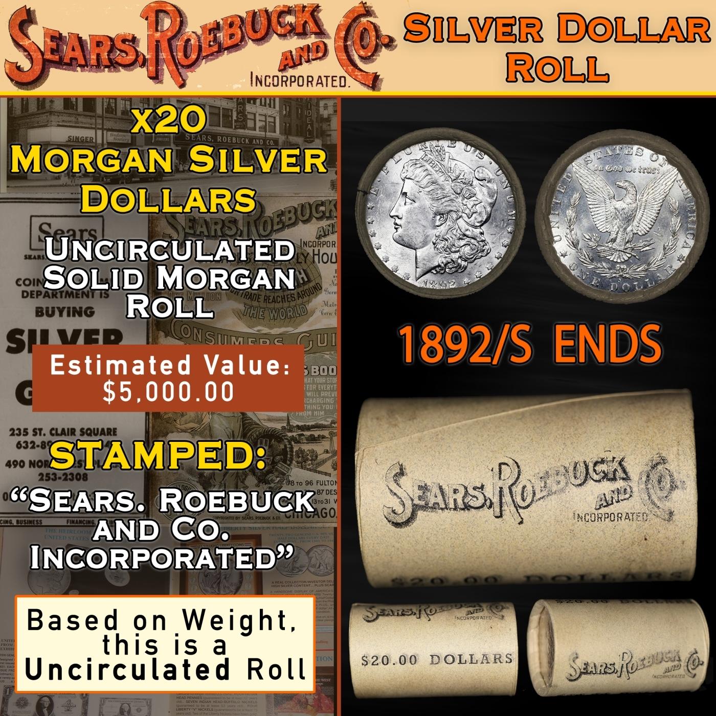 RR- 20 Uncirculated Morgan Silver Dollars $1 SEARS Roll 1892/'S' Rev Ends