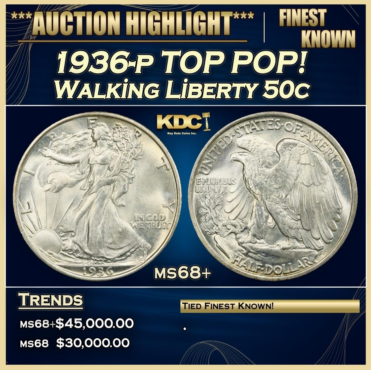 1936-p Walking Liberty Half Dollar TOP POP! 50c ms68+ SEGS