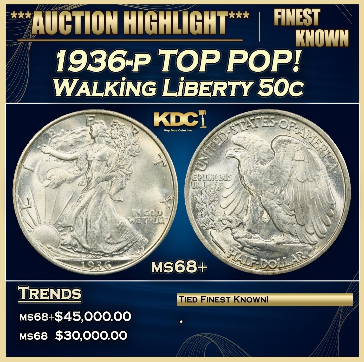 1936-p Walking Liberty Half Dollar TOP POP! 50c ms68+ SEGS