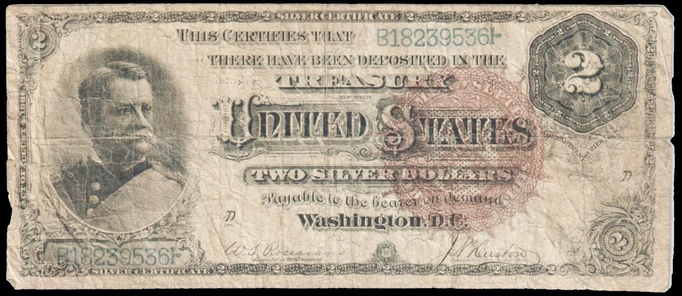 1886 $2 Large Size Silver Certificate General Winfield Scott Hancock Grades vf, very fine FR-244