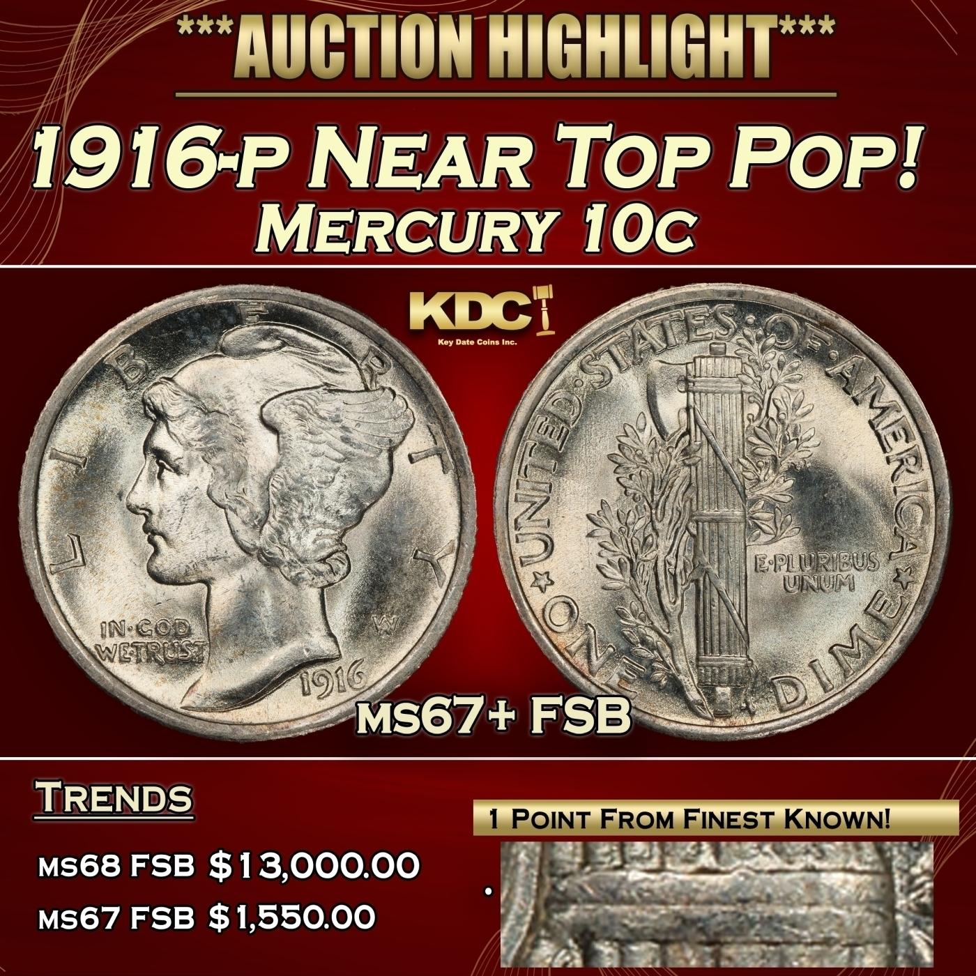 1916-p Mercury Dime Near Top Pop! 10c ms67+ FSB SEGS