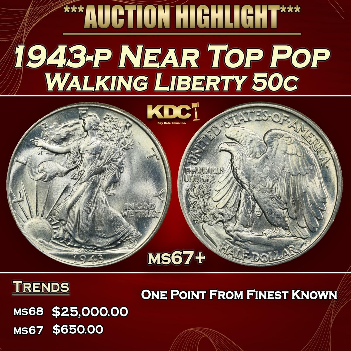 1943-p Walking Liberty Half Dollar Near Top Pop 50c ms67+ SEGS
