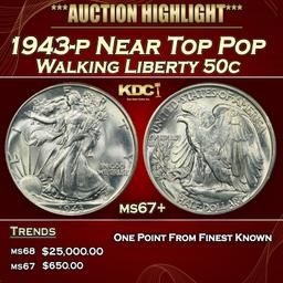 1943-p Walking Liberty Half Dollar Near Top Pop 50c ms67+ SEGS