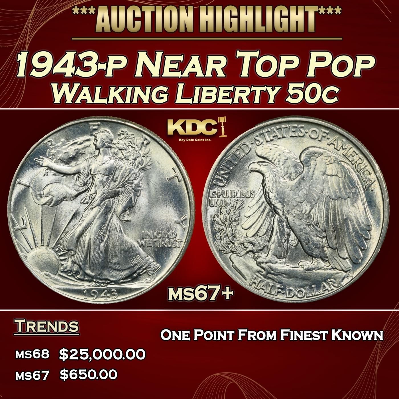1943-p Walking Liberty Half Dollar Near Top Pop 50c ms67+ SEGS