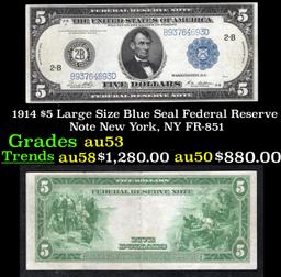 1914 $5 Large Size Blue Seal Federal Reserve Note New York, NY Grades Select AU FR-851