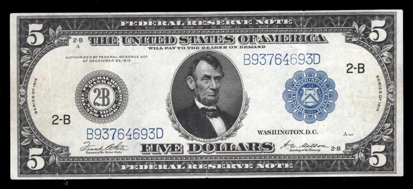 1914 $5 Large Size Blue Seal Federal Reserve Note New York, NY Grades Select AU FR-851
