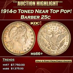 1914-d Barber Quarter Toned Near Top Pop! 25c ms66+ SEGS