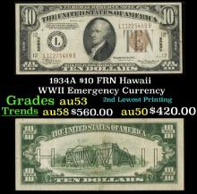 1934A $10 FRN Hawaii WWII Emergency Currency Grades Select AU