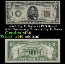 1934A $5 FRN Hawaii WWII Emergency Currency Key To Series Key To Series Grades xf