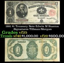 1891 $1 Treasury Note Edwin M Stanton Grades vf+ Signatures Tillman/Morgan