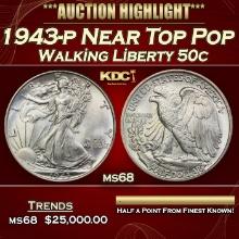 1943-p Walking Liberty Half Dollar Near Top Pop 50c ms68 SEGS