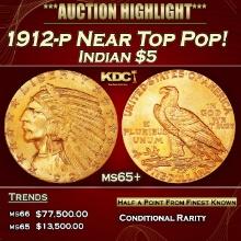 1912-p Gold Indian Half Eagle Near Top Pop! $5 ms65+ USCG