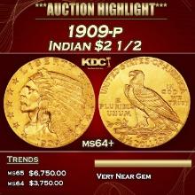 1909-p Gold Indian Quarter Eagle $2 1/2 ms64+ SEGS