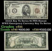 1934A $5 FRN Hawaii WWII Emergency Currency Key To Series Key To Series Grades vf++