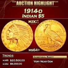 1914-d Gold Indian Half Eagle $5 ms64+ USCG