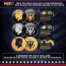 1964 JFK Half Dollar 3 Coin Enhanced Set, Black Ruthenium, Silver, & 24K Gold Other Toy