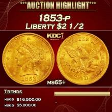 1853-p Gold Liberty Quarter Eagle $2 1/2 ms65+ SEGS