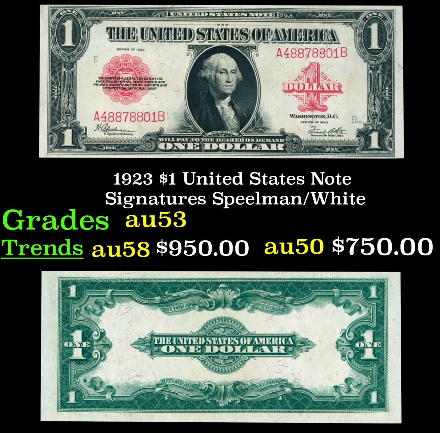 1923 $1 United States Note Grades Select AU Signatures Speelman/White