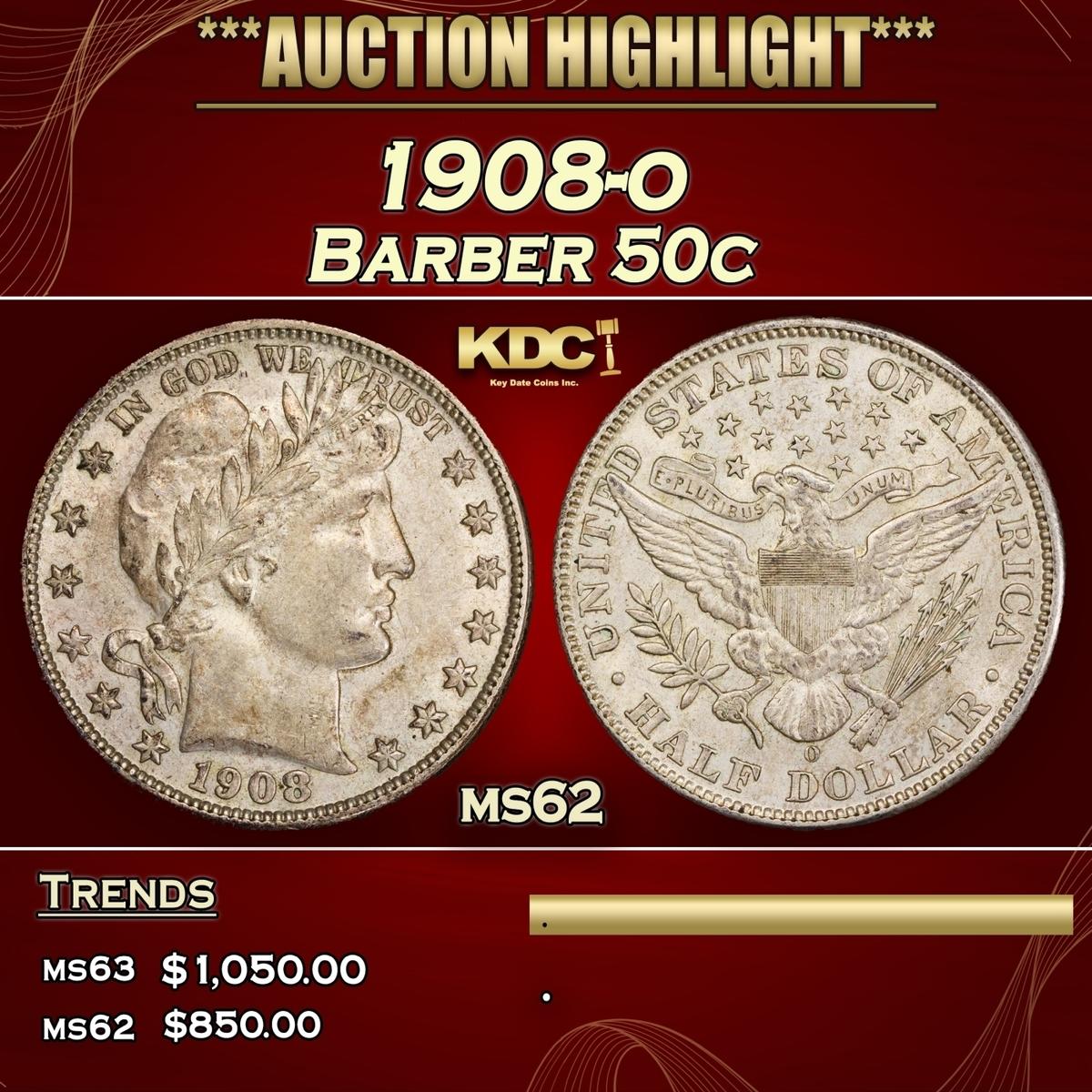 1908-o Barber Half Dollars 50c Grades ms62