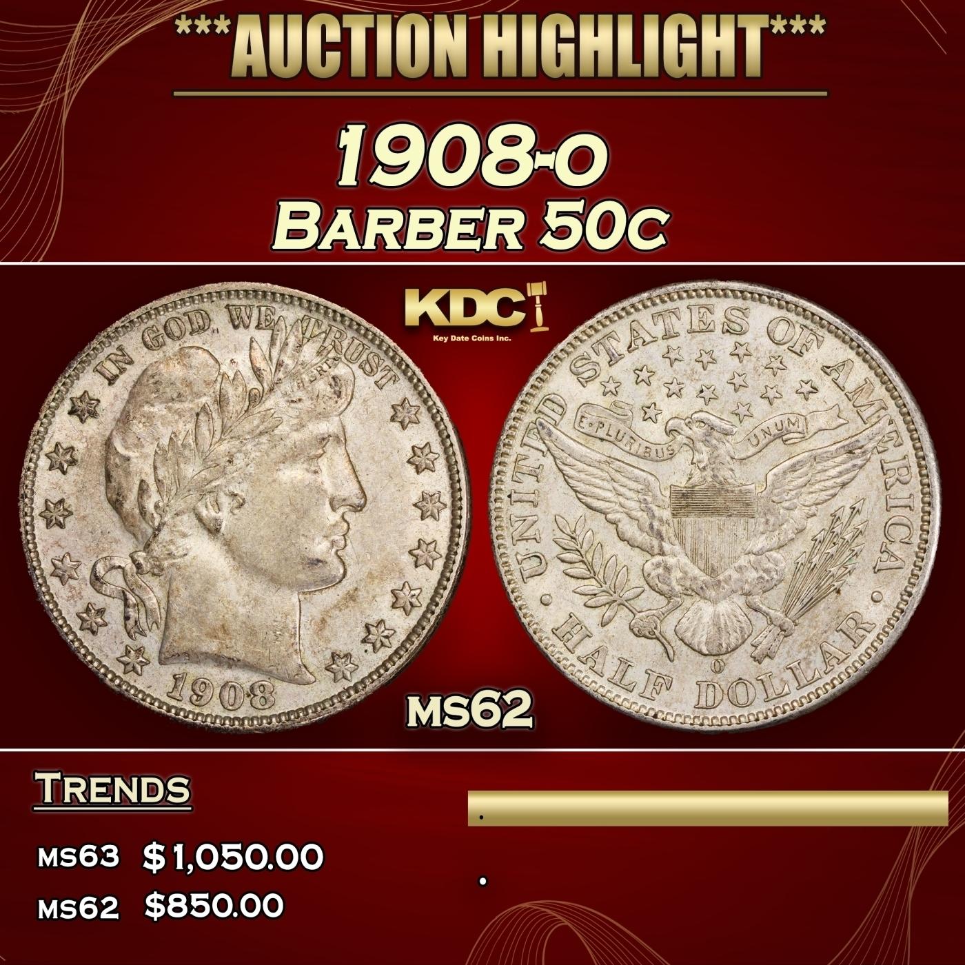 1908-o Barber Half Dollars 50c Grades ms62