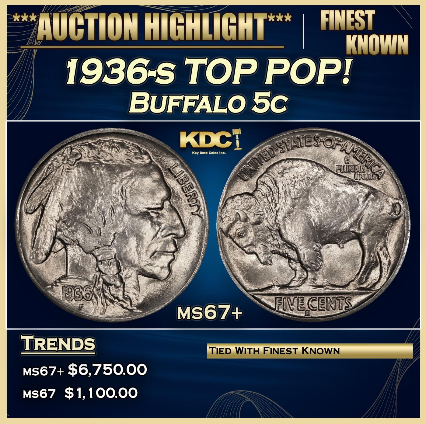 1936-s Buffalo Nickel TOP POP! 5c ms67+ SEGS