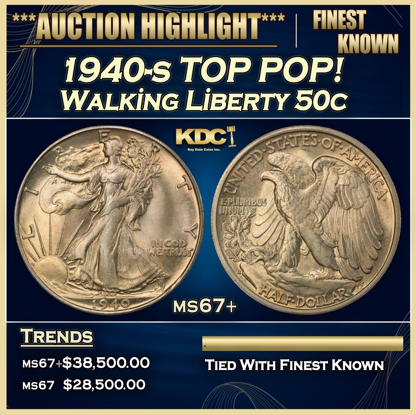 1940-s Walking Liberty Half Dollar TOP POP! 50c ms67+ SEGS