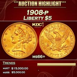 1908-p Gold Liberty Half Eagle $5 ms66+ SEGS