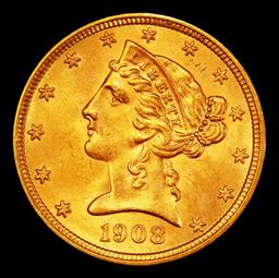 1908-p Gold Liberty Half Eagle $5 ms66+ SEGS