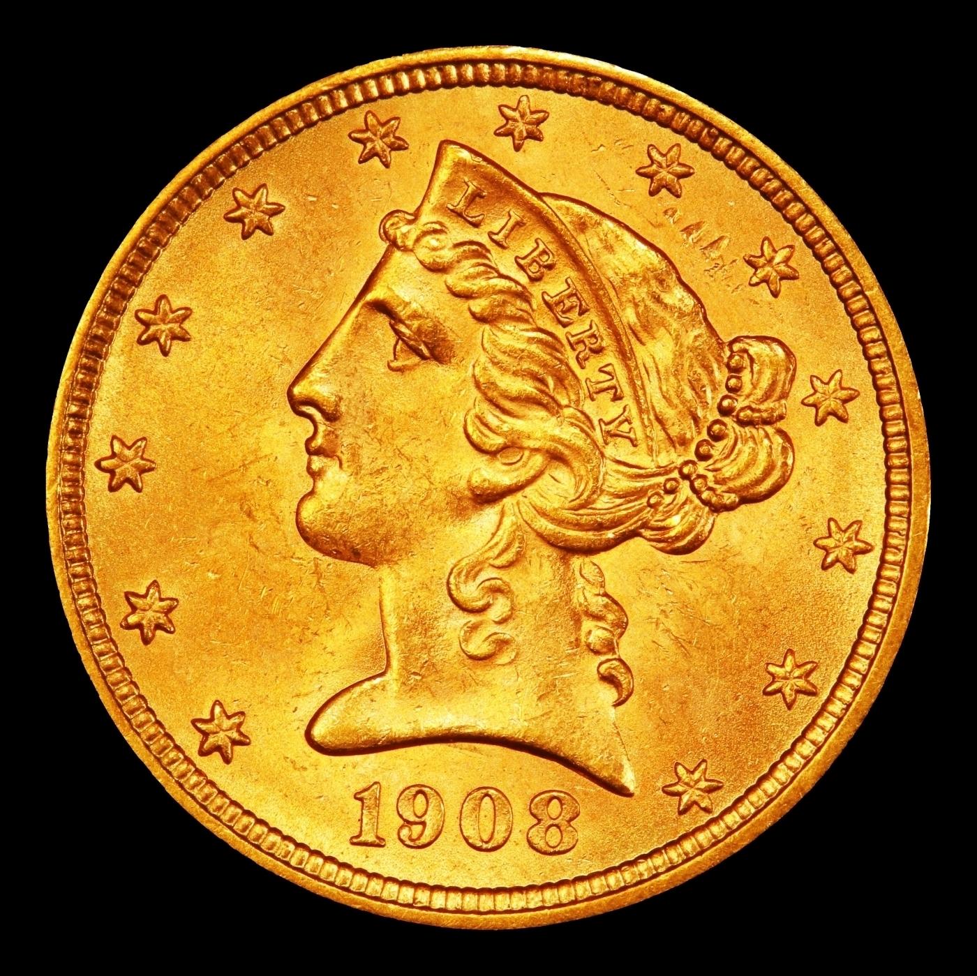 1908-p Gold Liberty Half Eagle $5 ms66+ SEGS