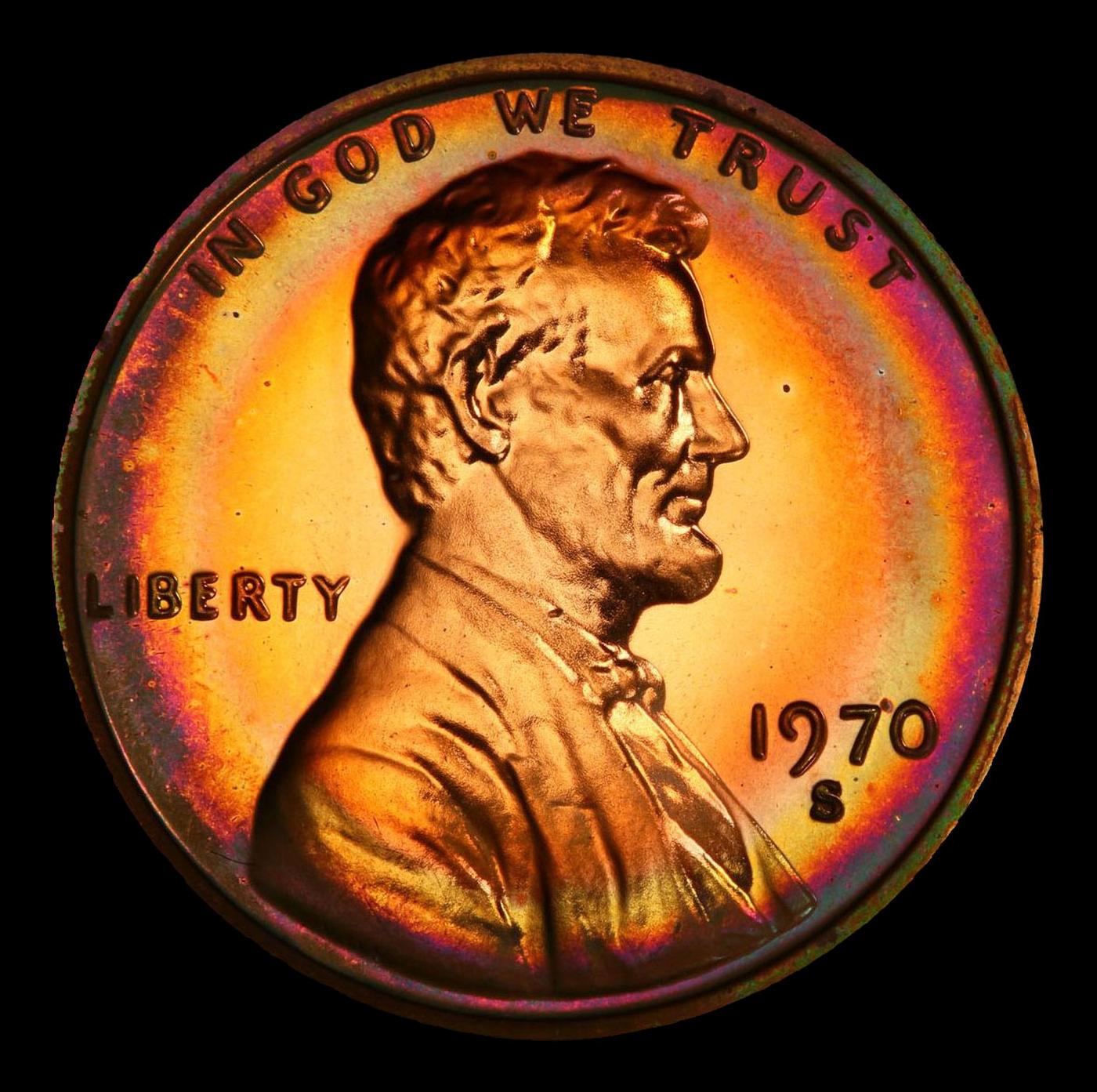 PCGS 1970-s Lg Date Proof Lincoln Cent Rainbow Toned Near Top Pop! 1c pr68 RB PCGS