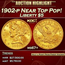 1902-p Gold Liberty Half Eagle Near Top Pop! $5 ms67+ SEGS
