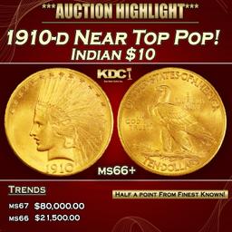 1910-d Gold Indian Eagle Near Top Pop! $10 ms66+ SEGS