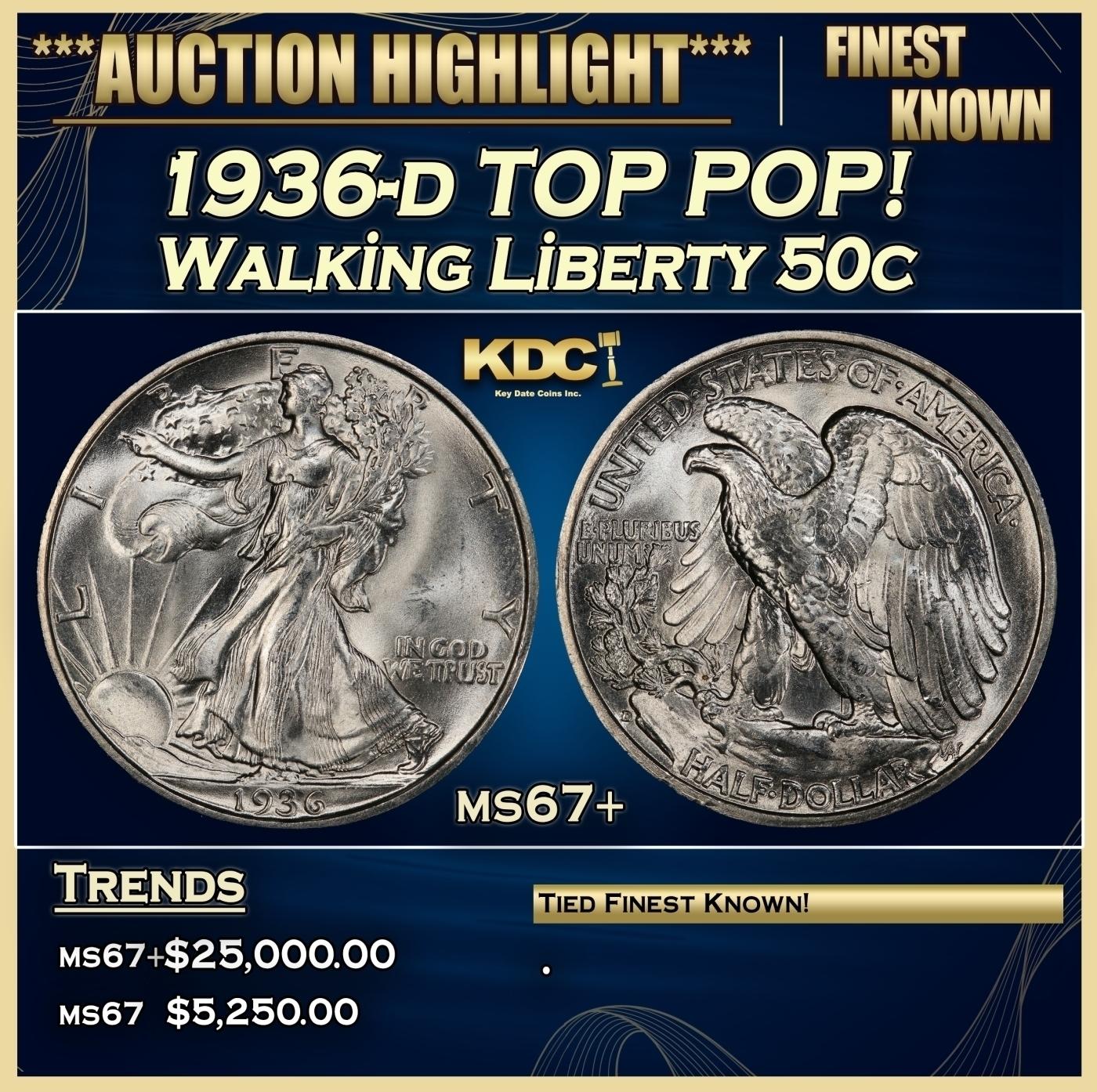 1936-d Walking Liberty Half Dollar TOP POP! 50c ms67+ SEGS