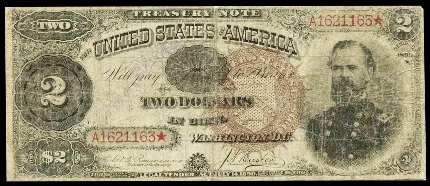 1890 $2 Treasury Note General James 'Birdseye' McPherson Grades vf, very fine Signatures Rosecrans/H